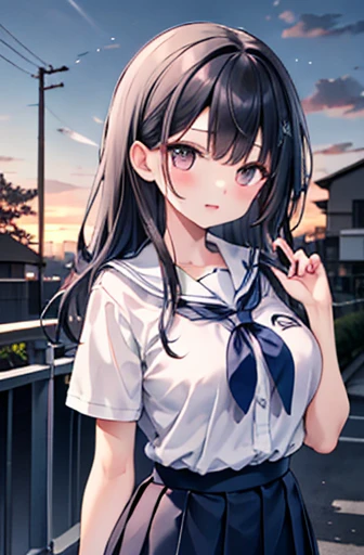 {masterpiece}, {Please redeem},1 girl,School_Uniform,sunset,Large Breasts、Long black hair、