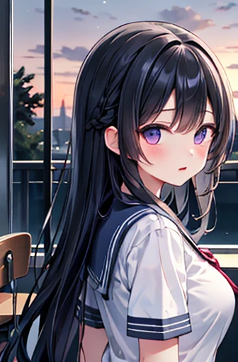 {masterpiece}, {Please redeem},1 girl,School_Uniform,sunset,Large Breasts、Long black hair、