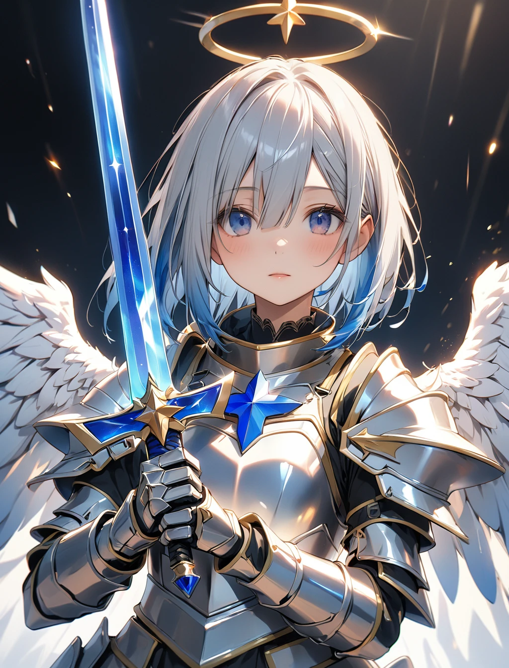 (1girl, (Amane Kanata:1.6), gradient hair, grey hair, blue hair, flat chest, Star Halo, star shaped angel ring, angel, (wing on back:1.4), (ho****ve)), (Masterpiece: 1.3), best quality, (Maximum Resolution: 1.2), ultra-detailed, cinematic, details, vibrant colors, dramatic lighting, Perfect Beautiful Face, Perfect Beautiful Proportioned Body, (Detailed Eyes and Skin), (Detailed Facial Features), Accurate and Anatomically Correct Face and Body Balance,(Holy Knight girl:1.3), (Holy Knight's Shiny Silver Armor:1.6), Cool and stylish, (Shiny metal expression:1.2), (Specular Reflection Coating:1.2), Attractive female knight, Alone, (Holding a holy long sword in hand:1.5), (shining sword), Knight Commander of the Royal Guard, Strong and fleeting eyes, Functional, Divine Protection, mysterious, (full body:1.5), (fit pose),