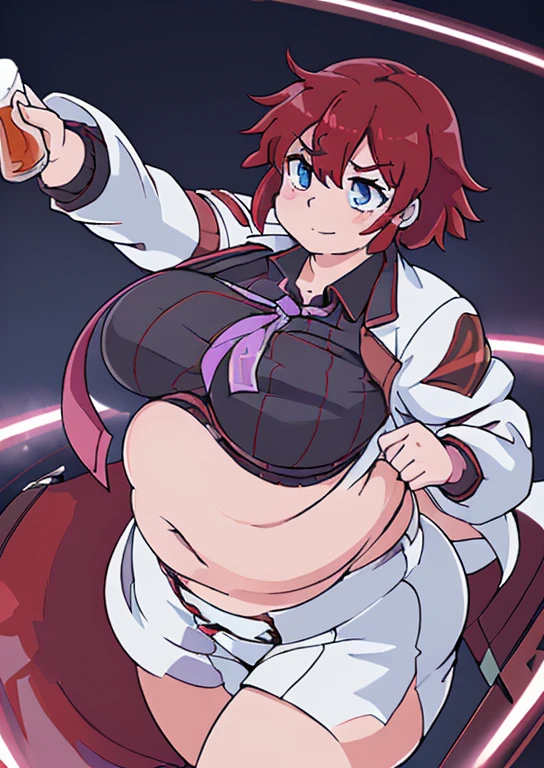 ((best quality, 4k, 8k, anime girl, masterpiece)), ((((beautiful extremely detailed face)))), (((beautiful eyes, blue eyes))), cinematic lighting, ((perfect anatomy)), (((chubby, SSBBW, huge breasts,tall, thick legs, beer belly, bulging belly, very thick belly, wide breasts, very huge breasts))), (full body view), ((thick outlines, anime style, neon colours)), (((raiko horikawa))), (((white jacket, white skirt, dark gray shirt, necktie))), (((vibrant red hair, short hait, bangs, hair between eyes))), ((lightning)), smile, (slapping her belly, belly jiggles, belly drum),