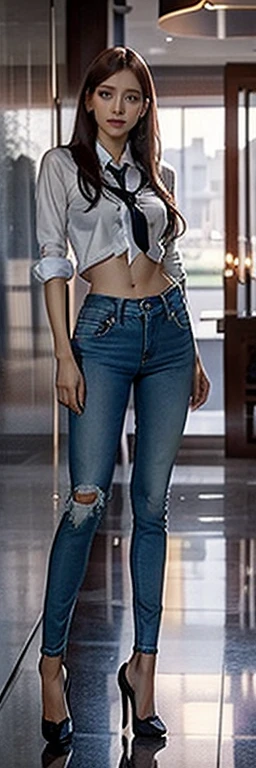 beautiful girl, (perfect face), wet side short hair (blonde), defined jawline, beautiful green eyes, beautiful lips, sexy, realistic, cropped cleavage shirt and denim shorts, mirror selfie, perfect detailed shoulder, very huge breast, very big breast, teasing, soft natural breast, realistic breast physics, god rays, detailed skin, realistic shadows, unreal engine 5, cinematic color filter, sneaker shoes, night time, light bulb, glasses, standing up, full body pose, heels, detailed bright skin, sexy detailed stomach, belly button, detailed ass, seductive eyes, smirk nafw nude