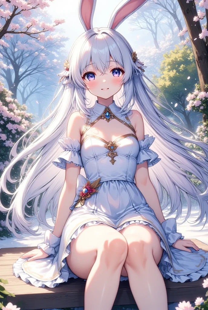 (beautiful girl: 1.3),1girl, Bunny ears, usamimi guardian, Small breasts, Beautiful long silvery white hair, Her beautiful and loving eyes shine like jewels, Wearing a dress, skirt, フレアskirt, smile, Anime Fantasy, White hair fluttering, Fantasy Anime,Bunny Ears:1.5. Ethereal Anime, Beautiful anime art, Beautiful digital art, Anime Fantasyアートワーク, Anime Fantasyアートワーク, Sitting 美しい花が咲き誇る庭園:1.5, Sitting, masterpiece, Highest quality, Ultra-high resolution,rich contrast,super high quality,8k,Highly detailed CG unit wallpaper,texture,Incredibly absurd,Ultra-high resolution,RAW Photos,Highest quality anime,Depth of Field 1.2,Ultra-detailed eyes,Glowing Skin,Glitter effect,Beautiful glossy lips thick black eyeliner, (tanned skin:1.2),((cherry blossom)),(Cherry Blossom Snowstorm)