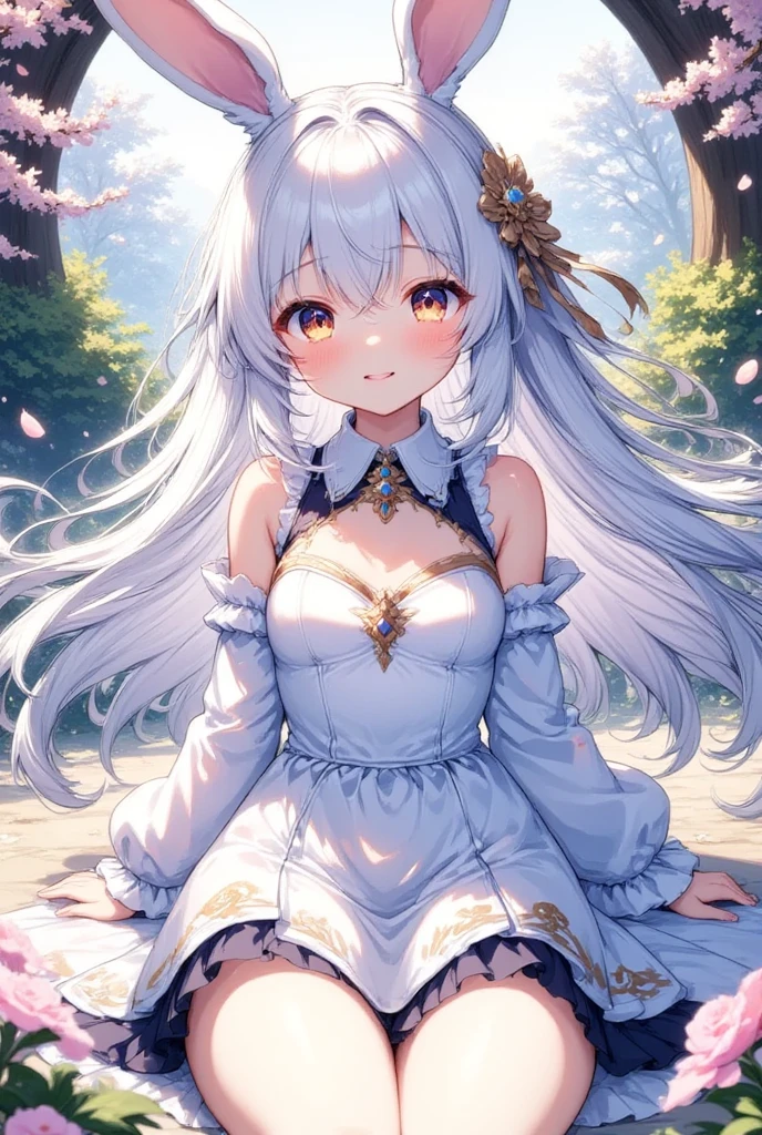 (beautiful girl: 1.3),1girl, Bunny ears, usamimi guardian, Small breasts, Beautiful long silvery white hair, Her beautiful and loving eyes shine like jewels, Wearing a dress, skirt, フレアskirt, smile, Anime Fantasy, White hair fluttering, Fantasy Anime,Bunny Ears:1.5. Ethereal Anime, Beautiful anime art, Beautiful digital art, Anime Fantasyアートワーク, Anime Fantasyアートワーク, Sitting 美しい花が咲き誇る庭園:1.5, Sitting, masterpiece, Highest quality, Ultra-high resolution,rich contrast,super high quality,8k,Highly detailed CG unit wallpaper,texture,Incredibly absurd,Ultra-high resolution,RAW Photos,Highest quality anime,Depth of Field 1.2,Ultra-detailed eyes,Glowing Skin,Glitter effect,Beautiful glossy lips thick black eyeliner, (tanned skin:1.2),((cherry blossom)),(Cherry Blossom Snowstorm)