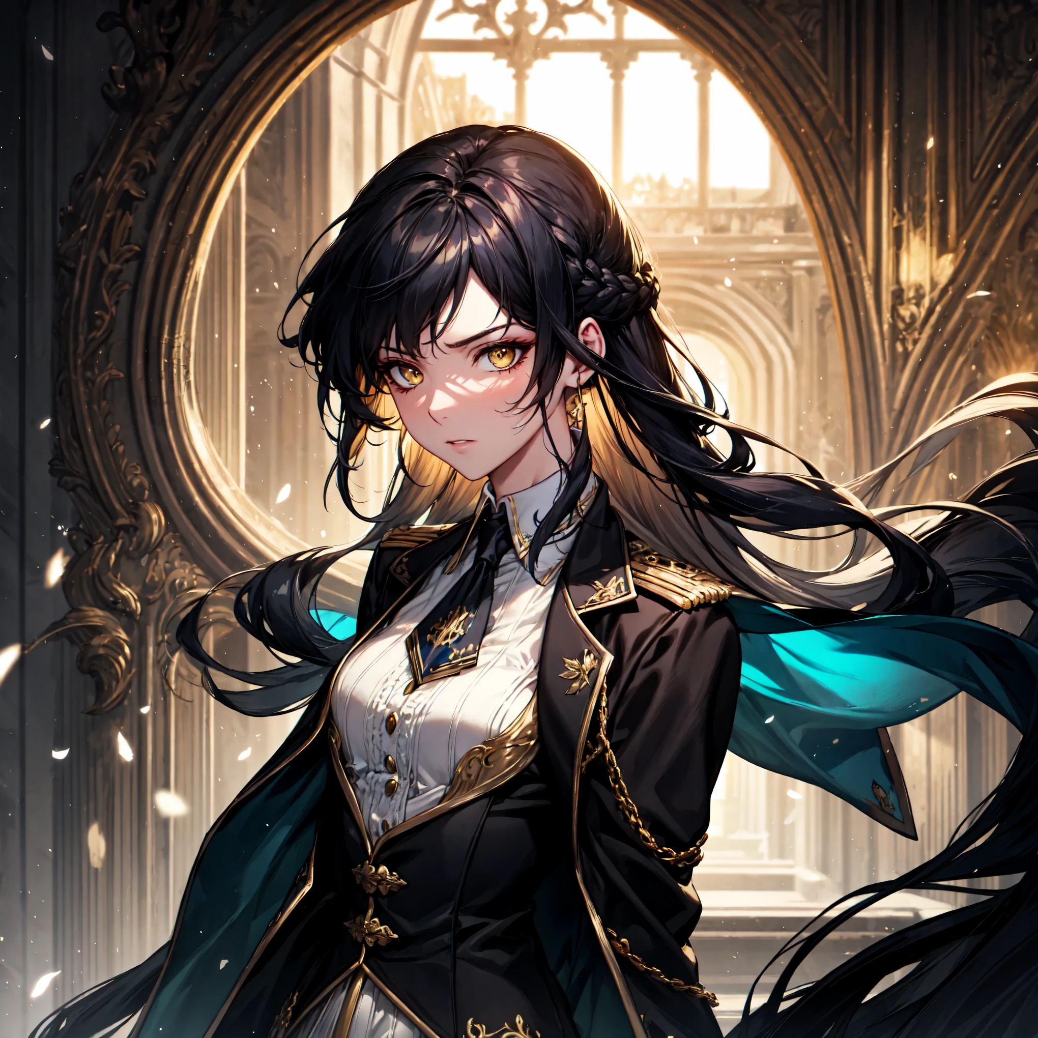 photorealistic lighting, saturated colours, bright colours, masterpiece, best quality, (extremely detailed CG unity 8k wallpaper), (best quality), (best illustration), (best shadow), absurdres, realistic lighting, (Abyss), (portrait, upper body shot:1.1), A military woman with long black hair tied into a high ponytail with braids, wearing a white blouse adorned with ornate golden detailing and a black ribbon tie. She has striking golden-yellow eyes and an intense, serious expression. The background features grand classical architecture with arches and golden accents, reflecting an atmosphere of nobility and refinement, palace of versailles. The overall color palette consists of warm golds, muted neutrals, and dark contrasts, emphasizing elegance, power, and authority, musketeerdress, small breasts, flat chest