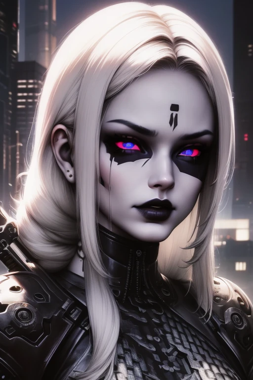 beautiful woman wearing black pajamas, weilding big sword "dark theme :: closeup face focus, ultra realistic futuristic cyberpunk muscular male white hair sitting :: cyberpunk face (cyber eyes) :: cool cybernetic punk jacket red neon eyes :: shirtless:: mechanical intricate mask :: natural lighting :: bokeh :: 8k :: best quality :: masterpiece :: futuristic cityscape background"