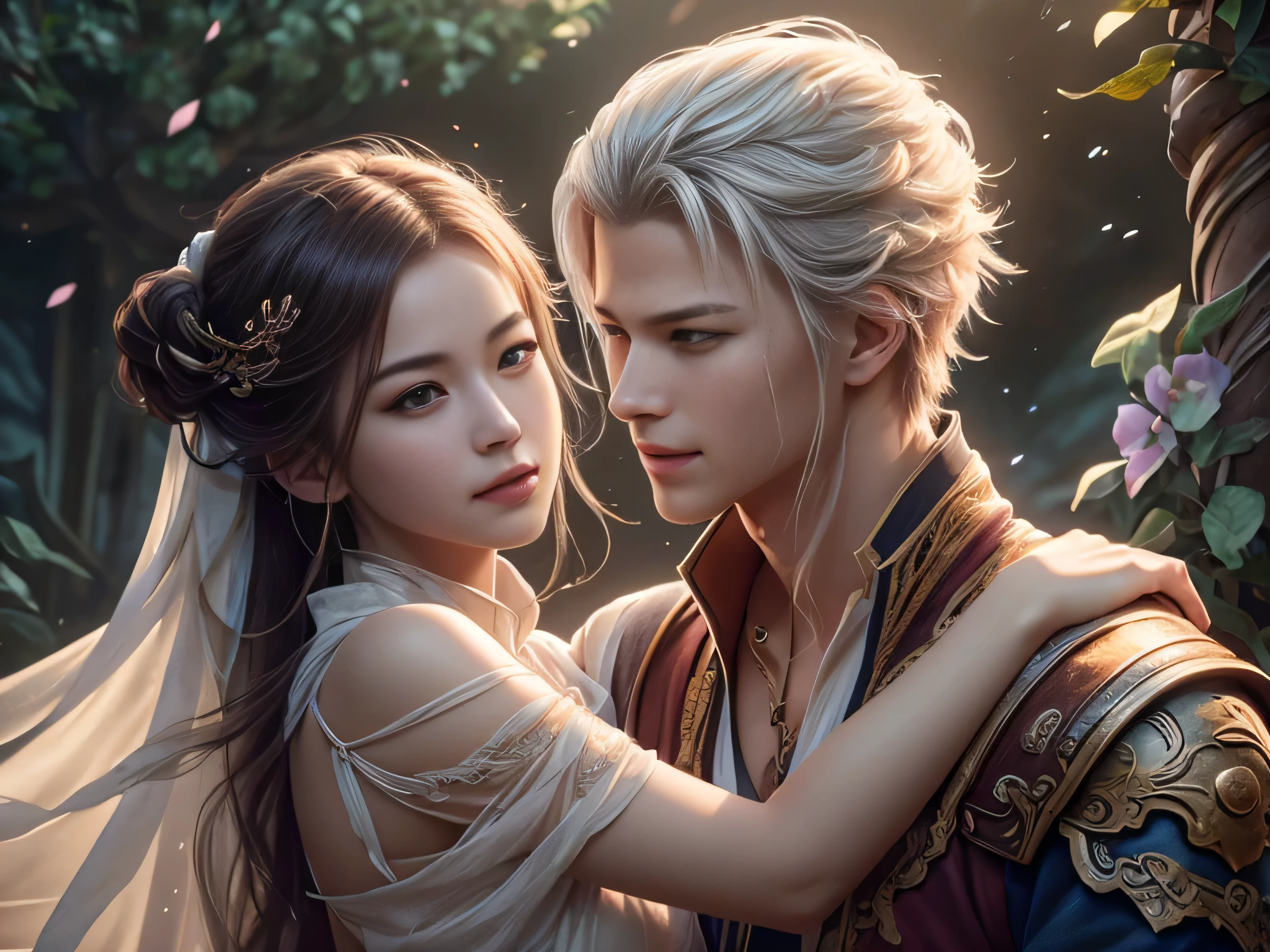 (Best Quality, Super Detail, Masterpiece, Representative Work, Official Art, Professional, Super Fine Detail, 8k:1.3), (photorealism:1.2), (Couple, Beautiful Girl and Boy), A couple in the sea of flowers, Handsome guy hugs beautiful girl from behind, Smiling and Wearing White Clothes, Delicate Hair, Chinese Beauty and Handsome Man, Wearing Ancient Chinese Clothes, Flowing Tulle, Light Silk, Create a movie poster similar to those used in Chinese romantic fantasy dramas, Correct proportions, Perfect face, perfect hands, Sweet atmosphere, Photorealistic, Sharp Focus, Dreamy Atmosphere, Delicate Details, Soft Volumetric Light, (Backlight:1.3), (Cinematic:1.2), Intricate Details, (ArtStation:1.3)