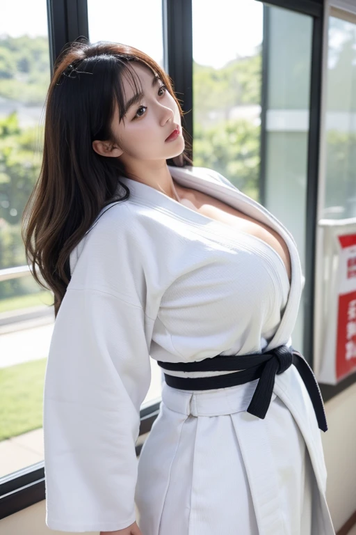 NSFW、1 female、Overweight、Japanese female judoka、show off your nipples、panty shot、Black belt white long sleeve judo gi、Extremely fat、Chubby、Japanese、4k、 High resolution、masterpiece、 highest quality、fine skin