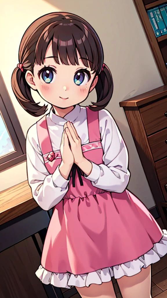 Elementary school girl、nanako doujima,Short Twin Tails,One Girl, Dynamic Angle, cute,smile,,Pink Dress,masterpiece,Noise Reduction,Perfect Anatomy,High resolution, Super detailed,Game CG,Dutch Angle ,Beautiful detailed eyes,Visual Arts,Five fingers, Perfect hands, Perfect lighting,