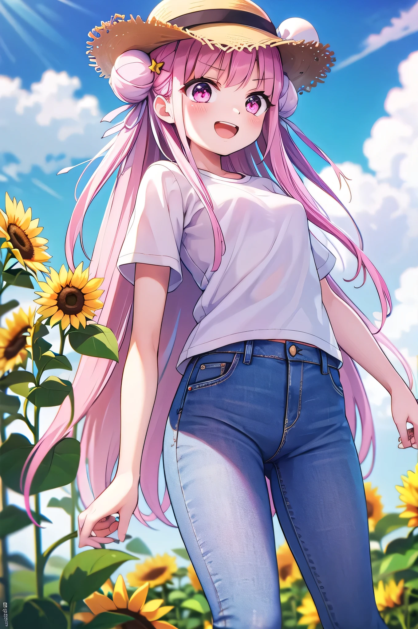 masterpiece,Best Quality,Super detailed,solo,Laugh happily,Sunflower Garden,Straw hat,Sunshine,cloud, short hair,(((White hair ribbon:0.4))), Pink Eyes,(((White bun hair))),(((Pink long hair))) , hair ornament, x Hair accessories,T-Shirts,jeans, 