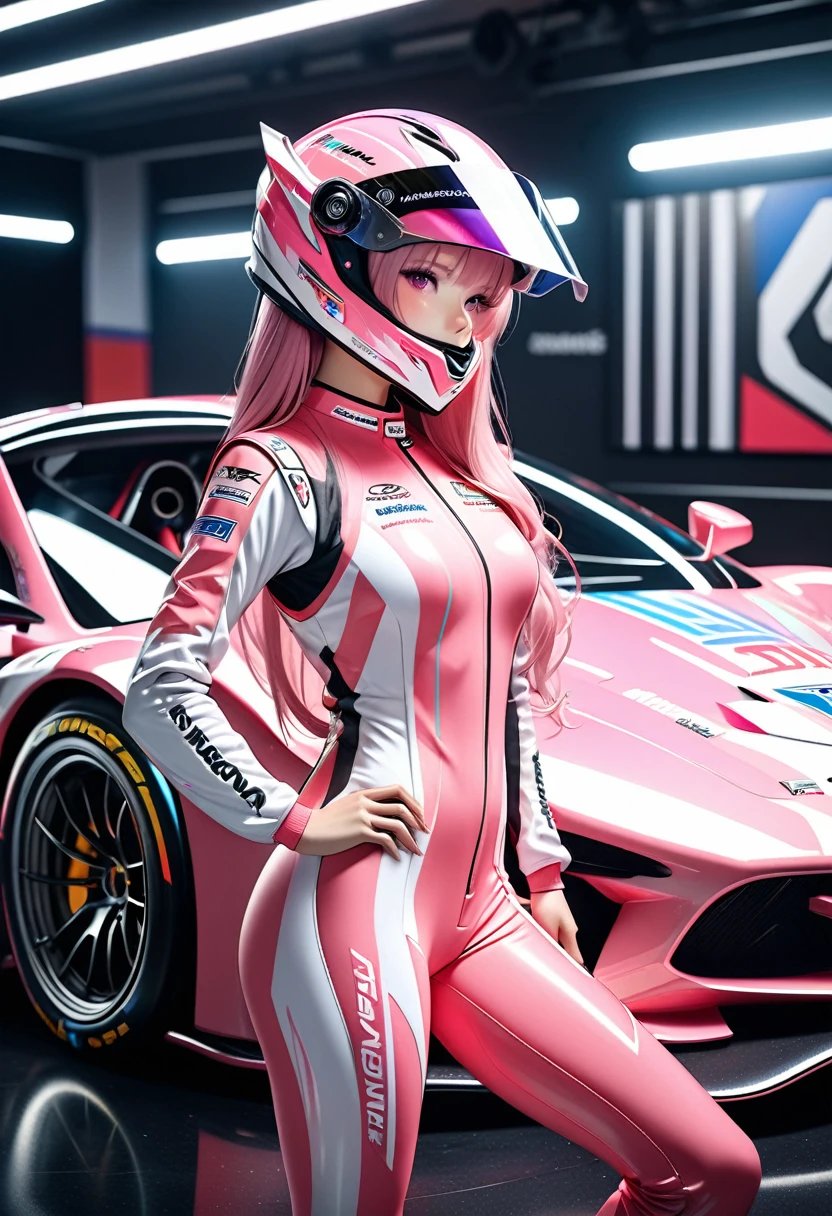 Ultra-high-definition realistic 3DCG art, Beautiful futuristic girl is posing in front of a stylish racing car of the future,The girl has long hair that is a mixture of white and pink..Detailed pink racing suit with mecha-style decoration, There are lots of sponsor logos on the suit.The stylish pink racing car is a four-wheel formula car type with a canopy over the cockpit..The stylish body shape is based on a futuristic cyberpunk motif, and numerous sponsor logos are featured on the body.. Circuit starting grid background, (She is holding a stylish pink full-face helmet under her arm. :1.2)、Iridescent holographic visor、Strike a cool pose next to the car, Detailed and beautiful hair texture, Detailed and beautiful white real skin, Detailed pink eye beauty, Anatomically accurate body model、The shine and texture of racing suits, Racing car body and mechanical beauty,Accurate racing car model based on automotive engineering、Cowboy Shot、(Masterpiece 4K, 8k,Best Quality:1.5)Super detailed.High quality 3D rendering、Dramatic Lighting、Professional shooting resolution、Award-winning、