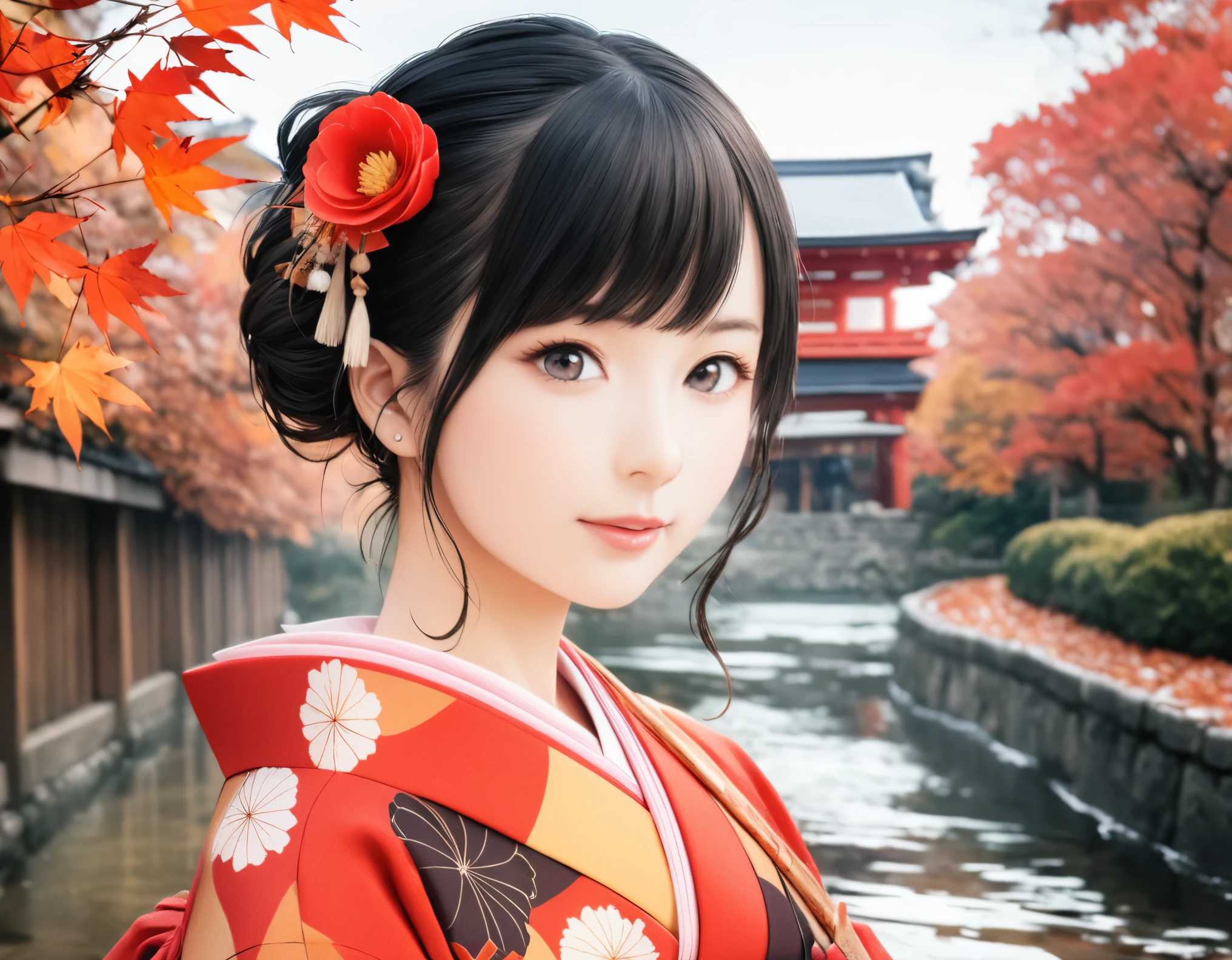 (best quality, 8k, high resolution:1.2), 1girl, Kyoto, kimono, autumn