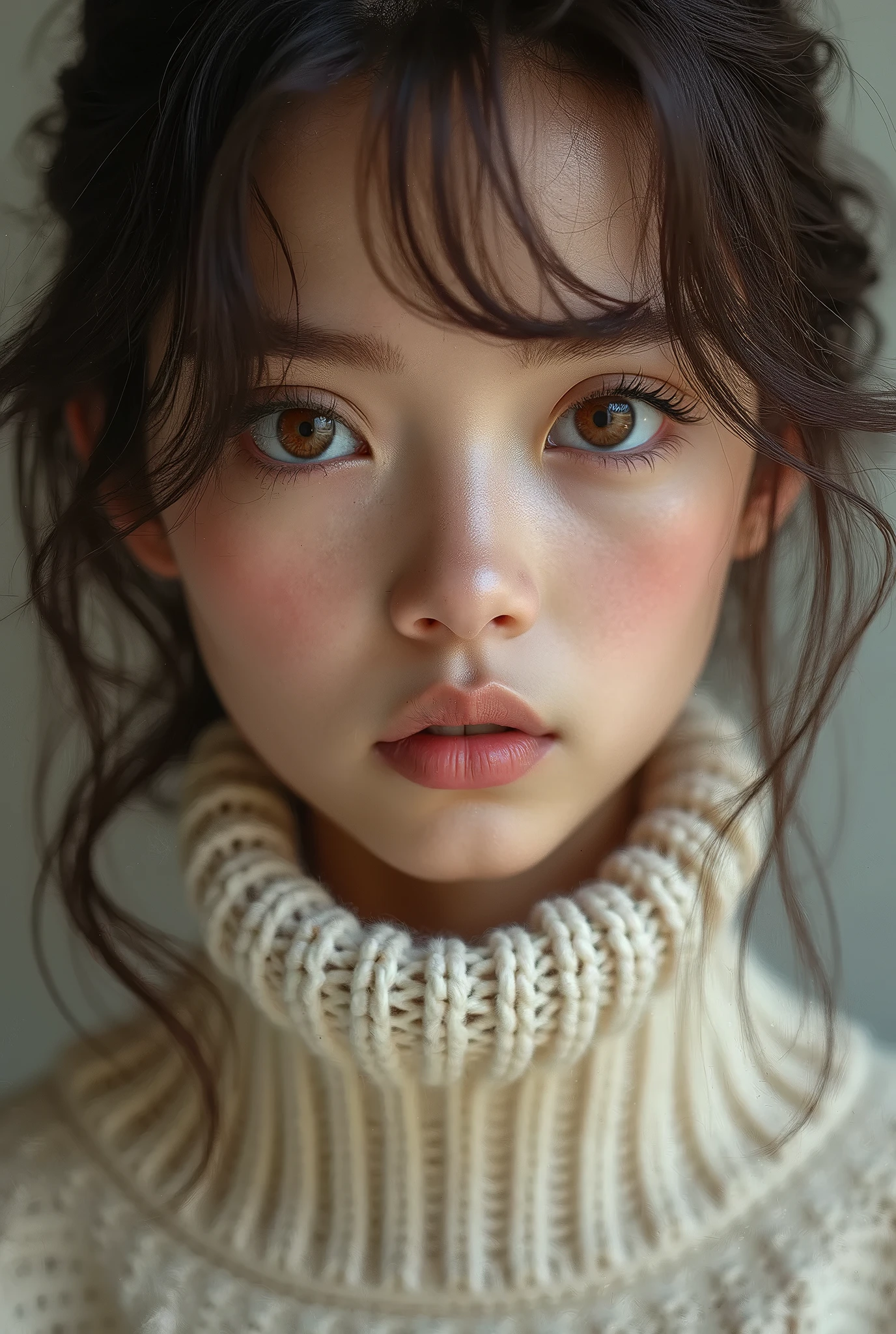 A close up of a woman with a turtle neck sweater - SeaArt AI