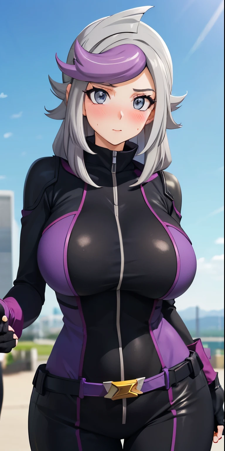 1 Female,High definition,high resolution,Ultra-realistic,8K, 1girl,  (emma_bessho:1.2),  (grey hair:1.2),(  purple hair:1.2),  grey eyes,  low-tied long hair,  (large breasts:1.2),  (wide hips:1.2),  (purple bodysuit:1.2),  (long sleeves:1.2),  pants,  (black gloves,  fingerless gloves:1.2),large breasts,European,sexy,Upper body close-up,Photographed from the front,Dynamic Angles,blush, huge tits,large tits,cute face, facial, sweat,(pov, closed shot:1.2)