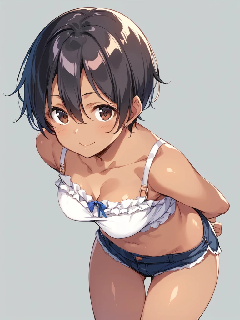 NSFW、In the best quality、 girl standing in a room。In high resolution、Beautiful details、Quiet atmosphere。Black hair ponytail、Cute Smile.。Small breasts、Cute floral blue bra、Wearing cute floral blue panties。