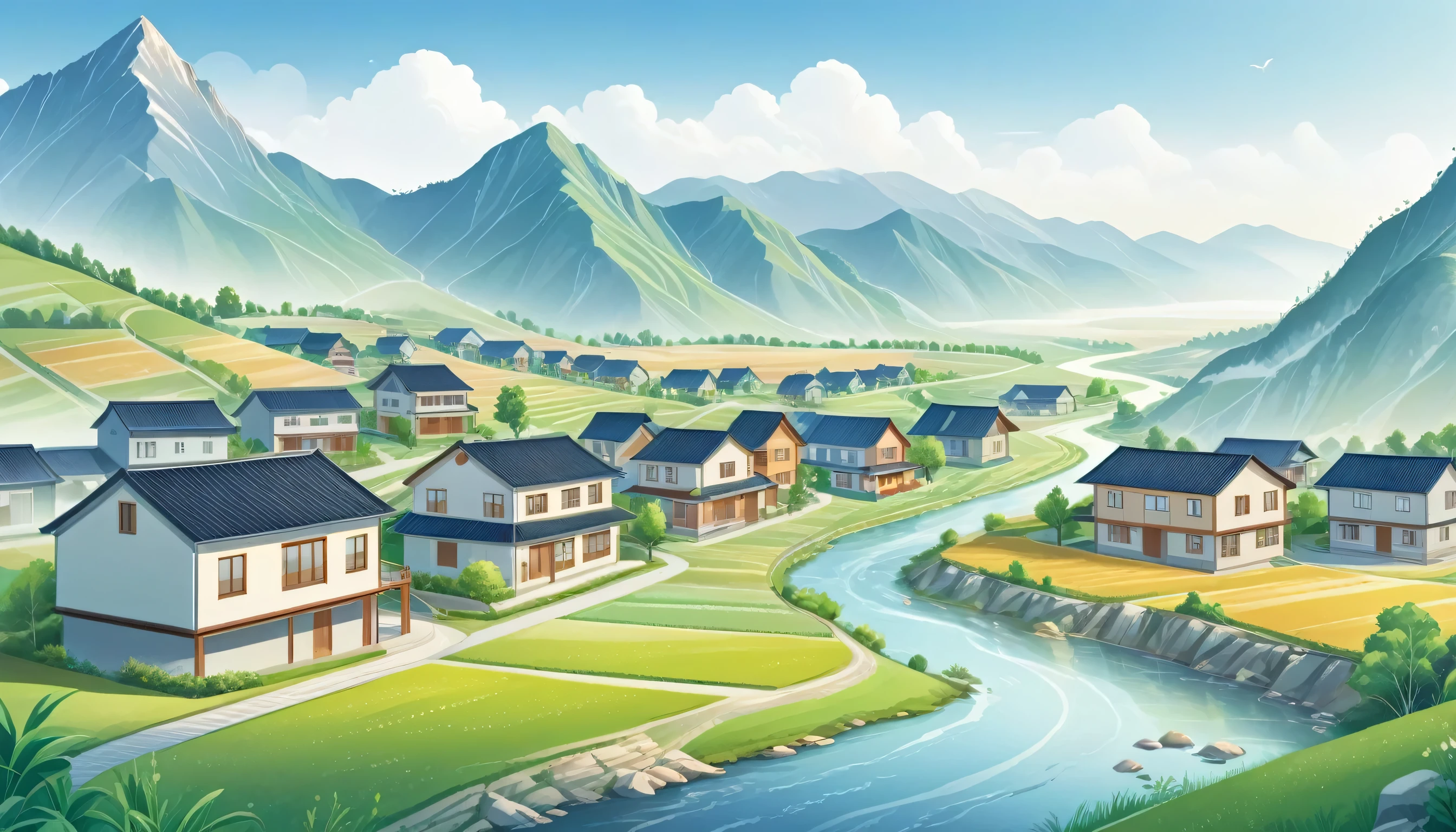 Many modern two-story buildings were built on the flat land between the mountains.，Farmland and creek，Mass Housing, City, Many buildings, Residential area, Big scene，Depth，Mainly line illustrations，Simplicity