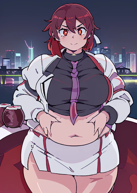 ((best quality, 4k, 8k, anime girl, masterpiece)), ((((beautiful extremely detailed face)))), (((beautiful eyes, red eyes))), cinematic lighting, ((perfect anatomy, perfect hands)), (((chubby, SSBBW, huge breasts,tall, thick legs, (beer belly, bulging belly, very thick belly, hard belly fat, apple shaped), wide breasts, very huge breasts))), (full body view), ((thick outlines, anime style, neon colours)), (((raiko horikawa))), (((white jacket, white skirt, dark gray shirt, necktie))), (((bright red hair, short hait, bangs, hair between eyes))), smile, (city lights, bridge, highway, lightning),