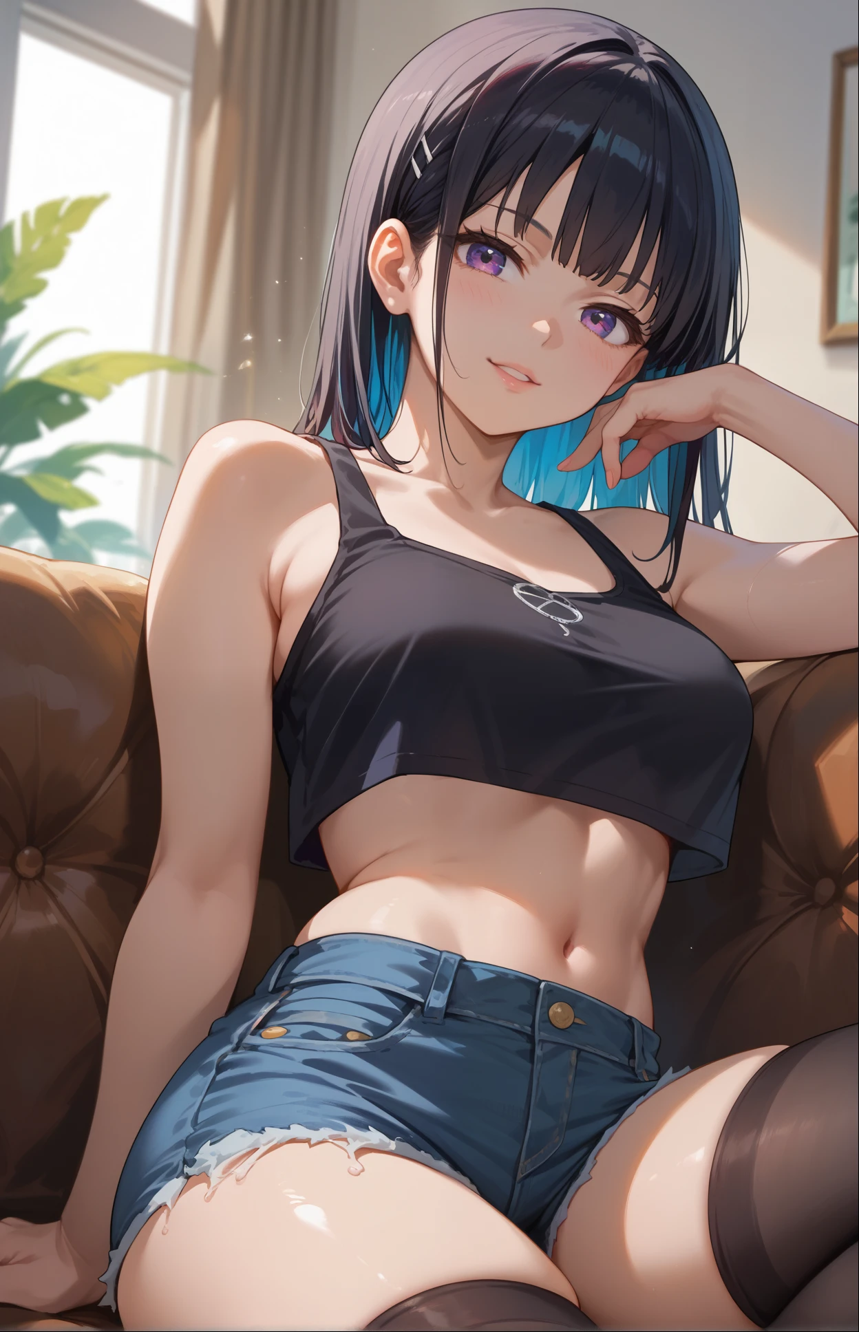 (Hinata Hyuga, muito sensual, com roupas apertadas, bunda grande, pernas grossas, Wearing extremely tight jeans, usando uma mini blusa, umbigo com pirsing, cabelo grande, Speaker behind, muito realista, extremamente sexy, 8k, 8k extremamente detalhado), (um extremamente delicado e bonito), (obra-prima), (melhor qualidade: 1.0), (ultra highres:1.0)