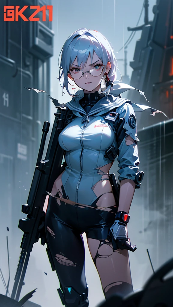 Silver Haired Girl,((Large Breasts:0.7)),Red glasses,prone position,Looking through a sniper scope,Sighting gun,Tactical Boots,Futuristic gun,Rainy environment,High image quality,8k,Super detailed,Surreal,masterpiece,Cinematic Lighting,Dramatic lighting,Dramatic Pose,Highly detailed facial features,Very realistic,Realistic,Beautiful detailed eyes,Beautiful detailed lips,Highly detailed eyes and face,Long eyelashes,1 girl,Concept Art,Digital Art、Shiny Futuristic gun、A vivid depiction of the human body、Sexy Sailor Battle Suit、((Torn Clothes 71.2)) The hall in the center of the poster々Standing, Wear stylish and edgy clothing, A determined look. The background is dark、rough., There is danger and tension. The text is bold and eye-catching, A catchy tagline that creates a dramatic and exciting atmosphere. The color palette is mostly dark.、Bright colors are scattered throughout。, Give your poster a dynamic and visually striking look,Character Portrait((Symposium cover))