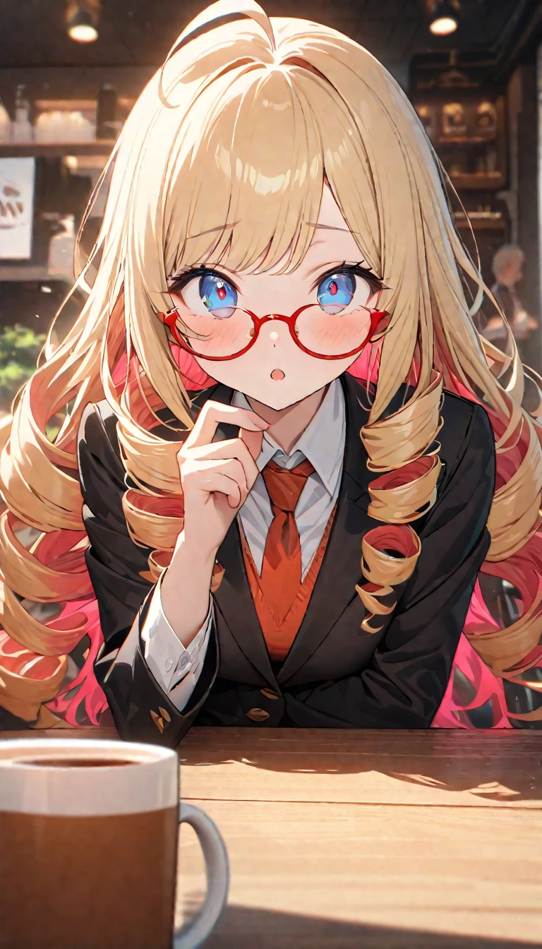 woman,, View your viewers, Long Hair, Ahoge,、blonde, Drill Hair, blue eyes, Slanted Eyes, Black ladies suits, Green, Red frame glasses、Touching glasses、There is coffee on the table、sit behind the table、Background inside a coffee shop, Upper Body、Speedy Shot, Masterpiece, detailed, ultra detailed, hyper detailed, insanely detailed, Exquisite, Beautiful Full HD, 16k, cute, Fantasy, A vibrant academic community, Soft line design, Soft Surface, Simple line drawing, Front View, The best light, Fast shutter speed, Written boundary depth, Highly saturated colors, Vibrant colors, Bright colors,  Best Hand