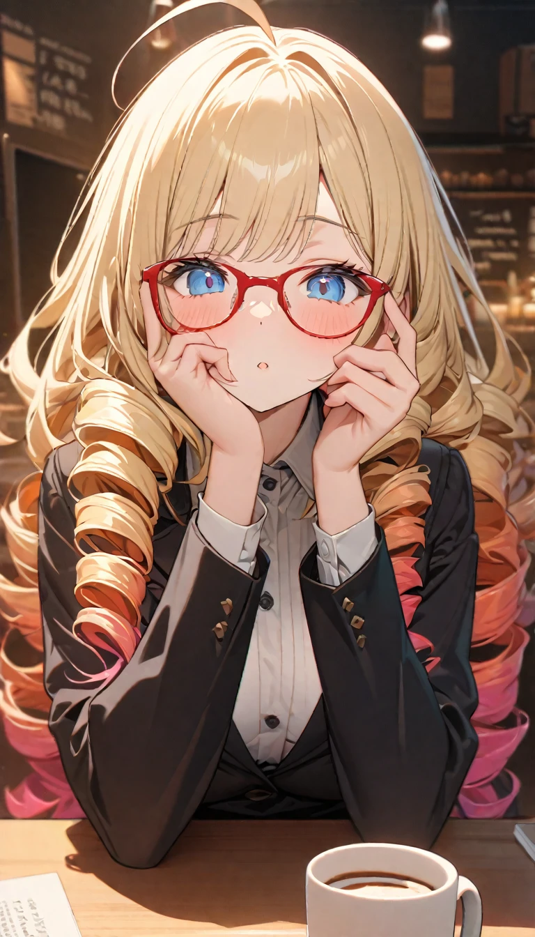 woman,, View your viewers, Long Hair, Ahoge,、blonde, Drill Hair, blue eyes, Slanted Eyes, Black ladies suits, Green, Red frame glasses、Touching glasses、There is coffee on the table、sit behind the table、Background inside a coffee shop, Upper Body、Speedy Shot, Masterpiece, detailed, ultra detailed, hyper detailed, insanely detailed, Exquisite, Beautiful Full HD, 16k, cute, Fantasy, A vibrant academic community, Soft line design, Soft Surface, Simple line drawing, Front View, The best light, Fast shutter speed, Written boundary depth, Highly saturated colors, Vibrant colors, Bright colors,  Best Hand