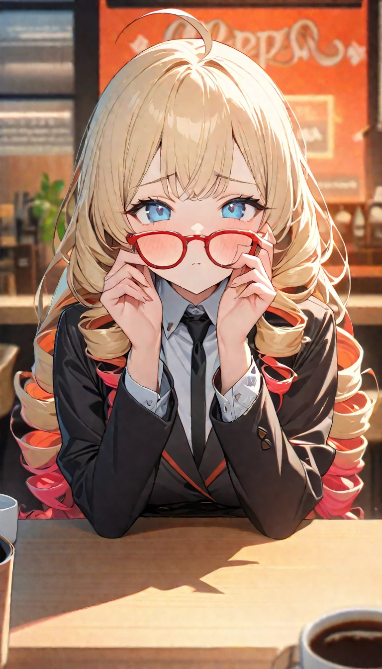 woman,, View your viewers, Long Hair, Ahoge,、blonde, Drill Hair, blue eyes, Slanted Eyes, Black ladies suits, Green, Red frame glasses、Touching glasses、There is coffee on the table、sit behind the table、Background inside a coffee shop, Upper Body、Speedy Shot, Masterpiece, detailed, ultra detailed, hyper detailed, insanely detailed, Exquisite, Beautiful Full HD, 16k, cute, Fantasy, A vibrant academic community, Soft line design, Soft Surface, Simple line drawing, Front View, The best light, Fast shutter speed, Written boundary depth, Highly saturated colors, Vibrant colors, Bright colors,  Best Hand