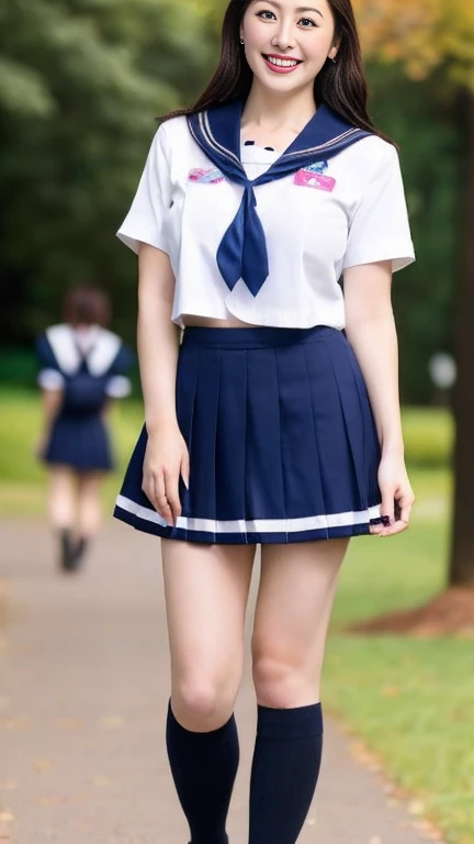 Japanese Mature,(5:1.2),White skin,(curvy body,Large Breasts,Emphasizes plump thighs:1.1),(Japanese high school uniform,Sailor suit,neckerchief,Ultra short micro mini skirt,Short socks,Wearing loafers:1.2),Wearing earrings,(Standing in the park,Full body shot from head to toe:1.2),Mature woman wearing high school uniform,full body,looking at viewer,smile,surrealism, depth of field, from below, Sony FE, 8k