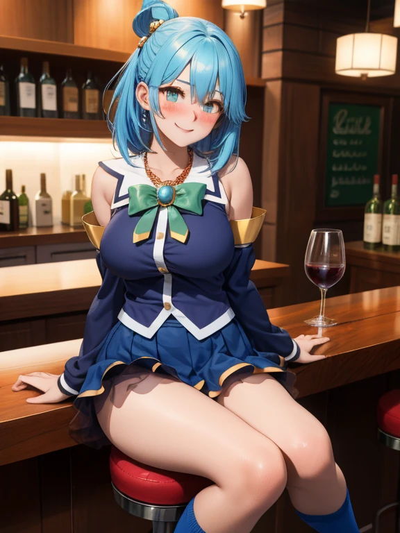 masterpiece, Best quality, high resolution, absurd, Extremely detailed, Beautiful eyes,
 Ahhhh, lexistg hair, Blue Hair, Hair Ring, Hair accessories,Necklace, bare shoulders, Green bow, Blue Shirt, Detachable sleeves, Blue Skirt, Over the knee socks, drunk, intoxicated, blush, hazy, Sitting with a smile_exist_Booths, bar, Glass_Red_wine ()
 