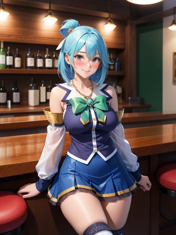 masterpiece, Best quality, high resolution, absurd, Extremely detailed, Beautiful eyes,
 Ahhhh, lexistg hair, Blue Hair, Hair Ring, Hair accessories,Necklace, bare shoulders, Green bow, Blue Shirt, Detachable sleeves, Blue Skirt, Over the knee socks, drunk, intoxicated, blush, hazy, Sitting with a smile_exist_Booths, bar, Glass_Red_wine ()
 