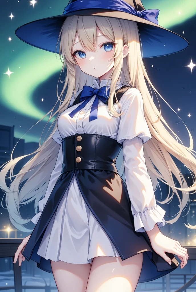  One girl, solo, (Witch Hat), Blonde long Hair, dress, Aurora, night, star , night,starry sky, ribbon, very Long Hair,SweetHoney mix