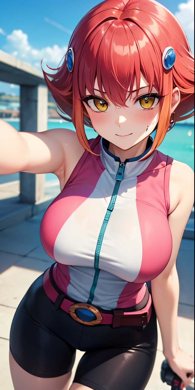 1 Female,High definition,high resolution,Ultra-realistic,8K, Annadef, multicolored hair, two-tone hair, hair ornament, yellow eyes, short hair, pink hair, red hair, orange hair, large breasts, breasts, smile, 
shorts, sleeveless, belt, black shorts, bike shorts, large breasts,European,sexy,Upper body close-up,Photographed from the front,Dynamic Angles,blush, medium tits,cute face, facial, sweat,(pov, closed shot:1.2)