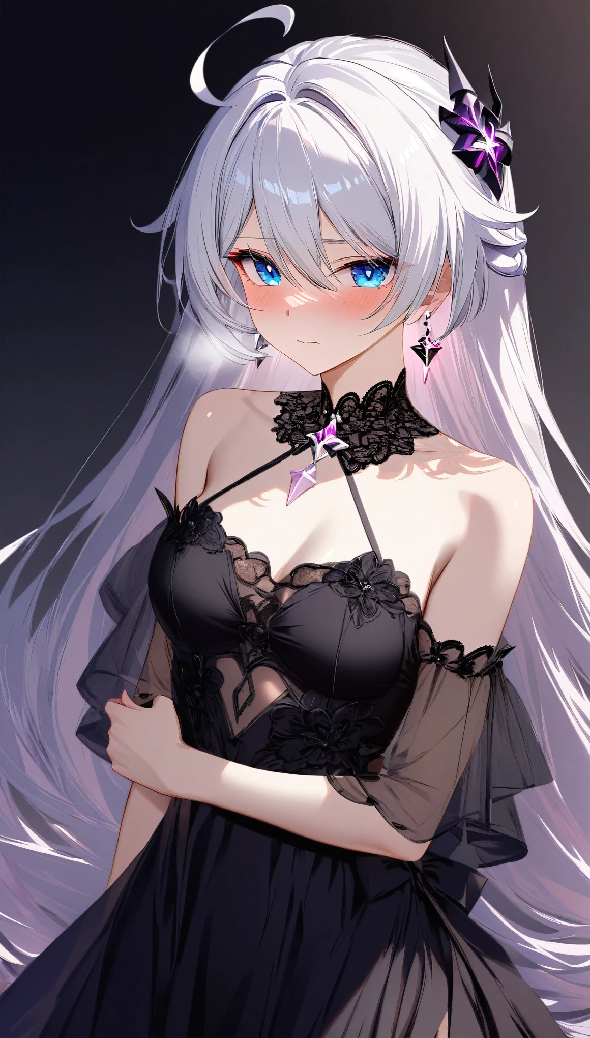 ultra HD, high-resolution, detailed, (highly detailed:1.5), (sharp focus:1.4), (crisp edges:1.3), 1girl, looking at view, kiana kaslana \(honkai impact 3rd\), herrscher of finality, silver hair, ahoge, very long hair, blue eyes, medium breast, skinny skin, blush, closed mouth, heavy breathing, (elegant black dress:1.6), (sheer sleeves:1.5), (silver floral belt:1.6), (geometric clutch:1.5), (transparent lace neckline:1.6), (minimalist jewelry:1.5), (diamond earrings:1.4), (intricate garter:1.6), (formal yet modern:1.4), (luxurious:1.5), (refined chic:1.5), sitting on the sofa, night time