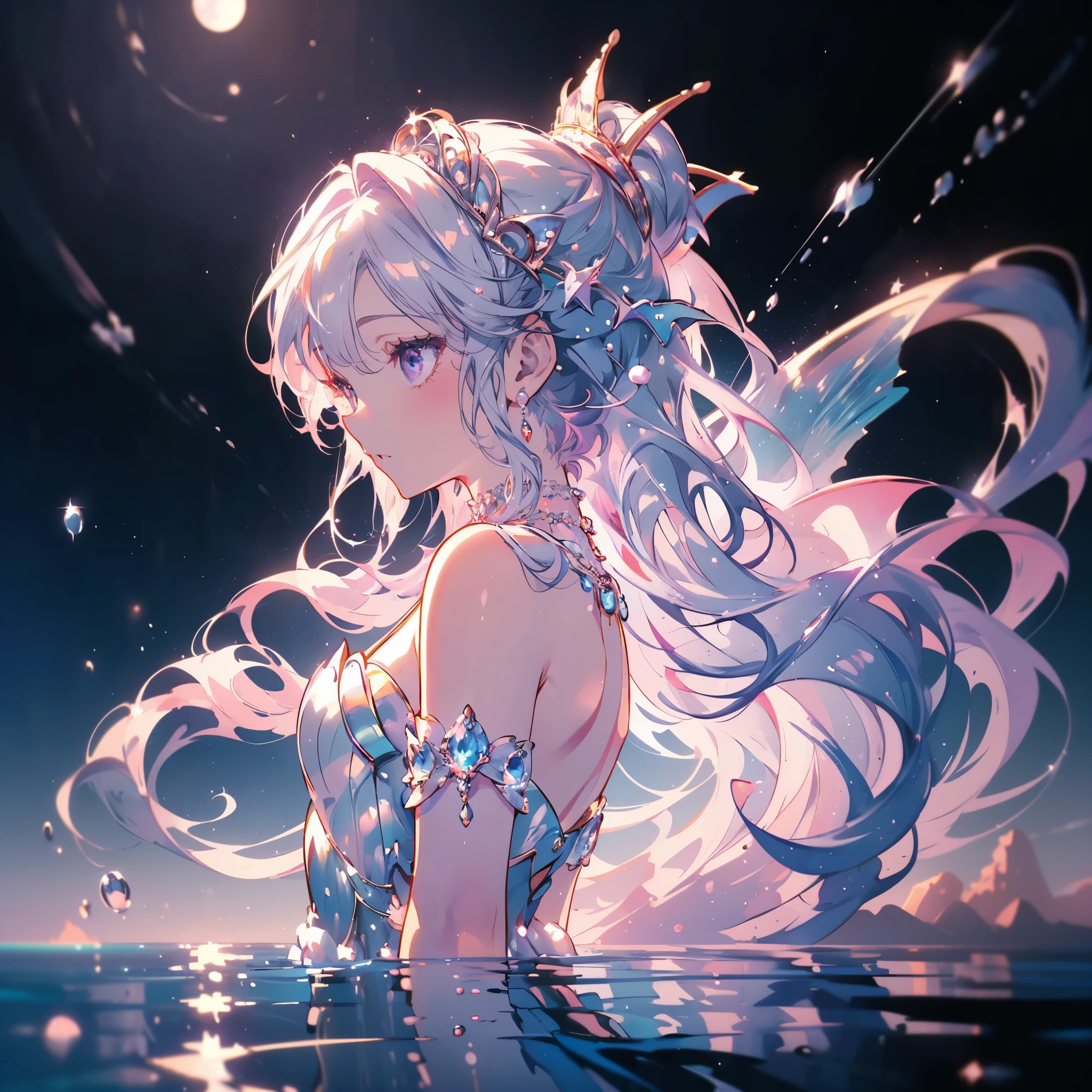 (highest quality, masterpiece, Super detailed, very detailed, exquisite, 16k,Full HD),A little closer,golden ratio,dramatic lighting,pastel colour,silhouette,soft lighting,Bubble,water surface,Ocean, ((From the side,alone:1.5)),((sing,reach for the sky:1.2)),((Moonlight night,Crescent Moon,beautiful moon)),starry sky,meteor群,meteor,(The Little Mermaid:1.4),( purple eyes, long eyelashes,white skin,slim,pale pink plump lips,pale pink cheeks, The wind is blowing,White fluffy hair,thin and long,(thin and high nose,small nose),silver and pearl decoration,pearl tiara,pearl earrings,pearl earrings,Pearl Choker, (fantasy, romantic atmosphere),