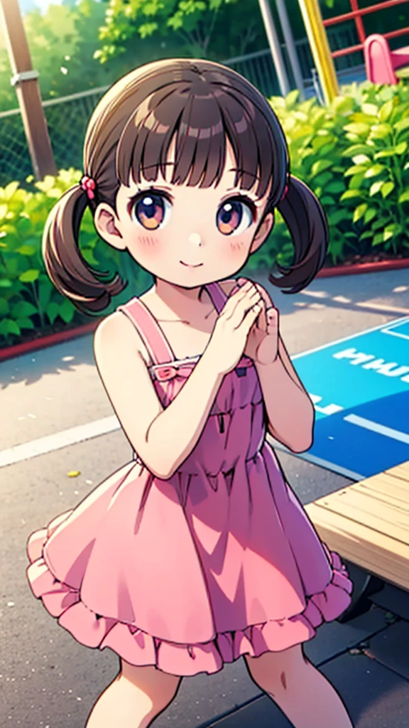 Very young、nanako doujima,Short Twin Tails,One Girl, Dynamic Angle, cute,smile,,Pink Dress,masterpiece,Noise Reduction,Perfect Anatomy,High resolution, Super detailed,Game CG,Dutch Angle ,Beautiful detailed eyes,Visual Arts,Five fingers, Perfect hands, Perfect lighting,garden、Park、Playground equipment