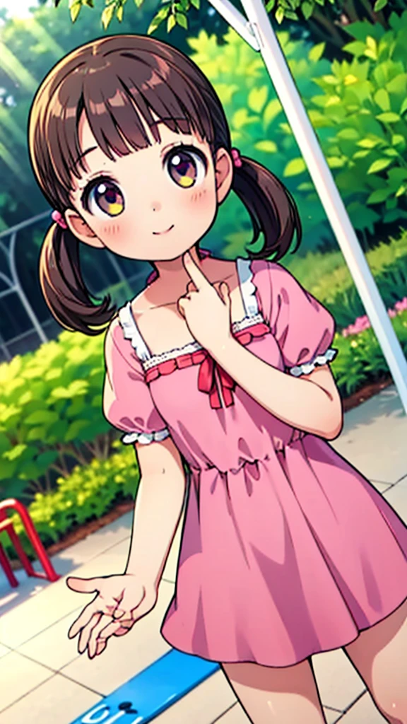 Very young、nanako doujima,Short Twin Tails,One Girl, Dynamic Angle, cute,smile,,Pink Dress,masterpiece,Noise Reduction,Perfect Anatomy,High resolution, Super detailed,Game CG,Dutch Angle ,Beautiful detailed eyes,Visual Arts,Five fingers, Perfect hands, Perfect lighting,garden、Park、Playground equipment