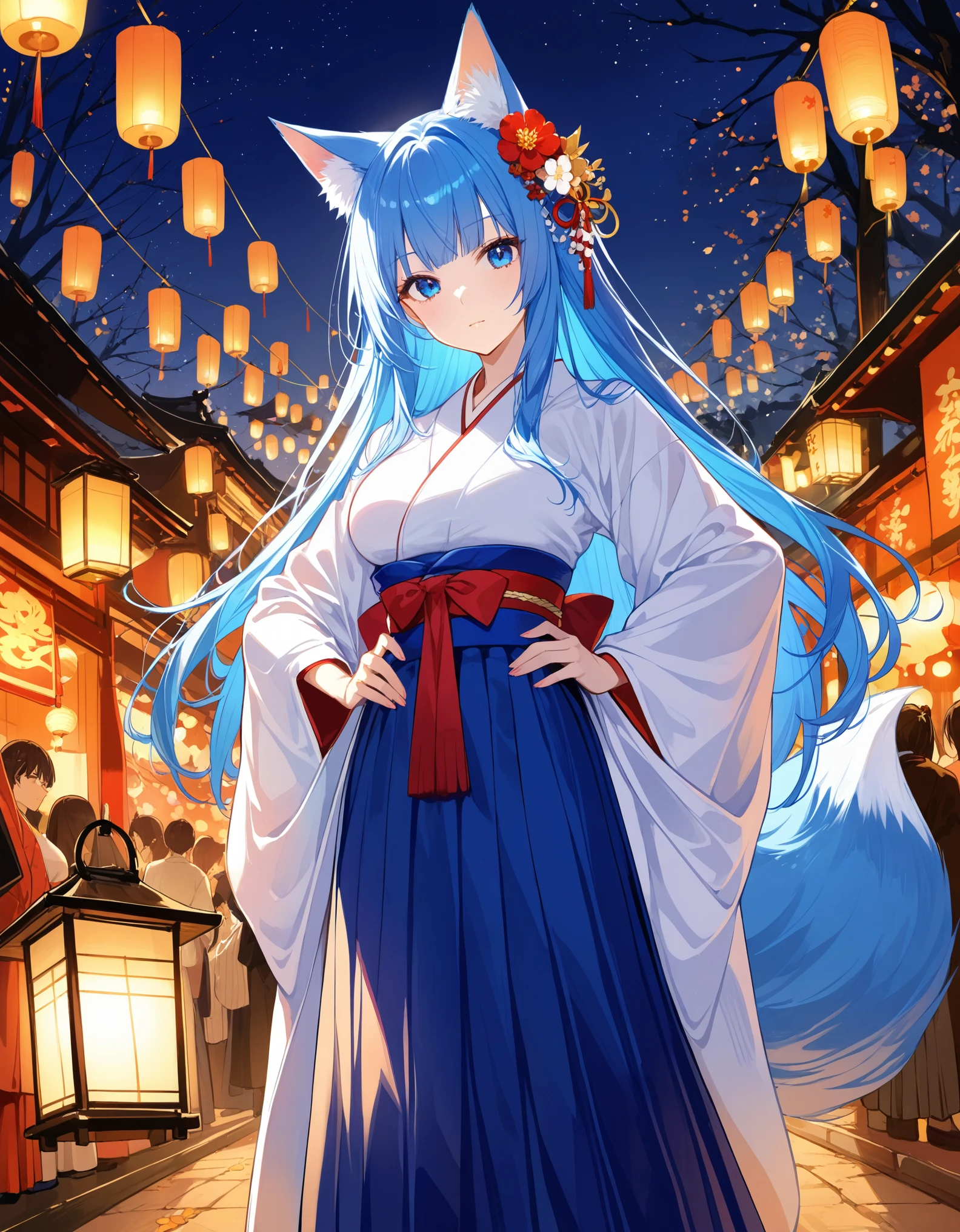 1girl, solo, long hair, breasts, looking at viewer, bangs, blue eyes, skirt, hair ornament, long sleeves, animal ears, blue hair, tail, flower, japanese clothes, hair flower, wide sleeves, kimono, hand on hip, fox ears, fox tail, fox girl, hakama, hakama skirt, lantern festival,