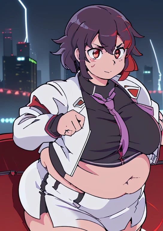 ((best quality, 4k, 8k, anime girl, masterpiece)), ((((beautiful extremely detailed face)))), (((beautiful eyes, red eyes))), cinematic lighting, ((perfect anatomy, detailed hands)), (((chubby, SSBBW, huge breasts,tall, thick legs, (round belly, bulging belly, very thick belly, hard belly, smooth belly, apple shaped body), wide breasts, very huge breasts))), (full body view), ((thick outlines, anime style, neon colours)), (((raiko horikawa))), (((white jacket, white skirt, dark gray shirt, necktie))), (((vibrant red hair, short hait, bangs, hair between eyes))), sharp smile, (city lights, bridge, fence, lightning),