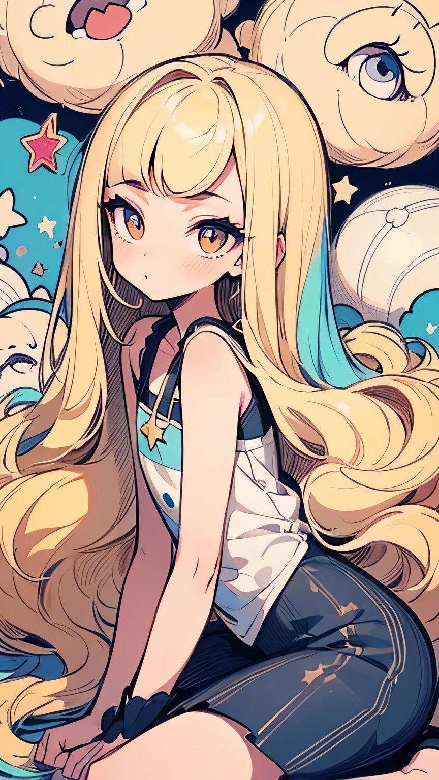 best quality, masterpiece, 1girl, cute, venusbody, flowing hair, from below, flowing diamond dress, upskirt, nopan, ass, ((pussy)), outer space, stars, colorful, sparkles, floating, arms out, looking back, looking down, outside, open mouth, tongue out, drooling