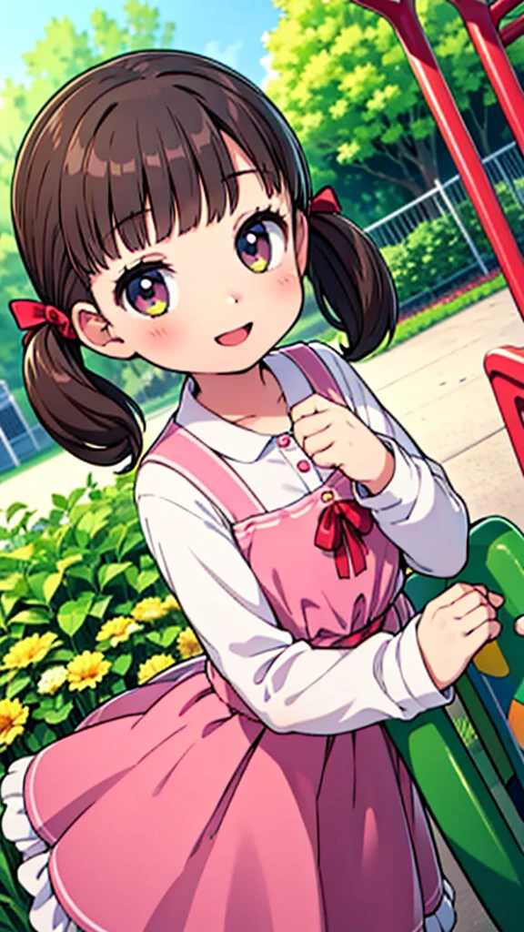 Very young、nanako doujima,Short Twin Tails,One Girl, Dynamic Angle, cute,smile,,Pink Dress,masterpiece,Noise Reduction,Perfect Anatomy,High resolution, Super detailed,Game CG,Dutch Angle ,Beautiful detailed eyes,Visual Arts,Five fingers, Perfect hands, Perfect lighting,garden、Park、Playground equipment、Open your mouth