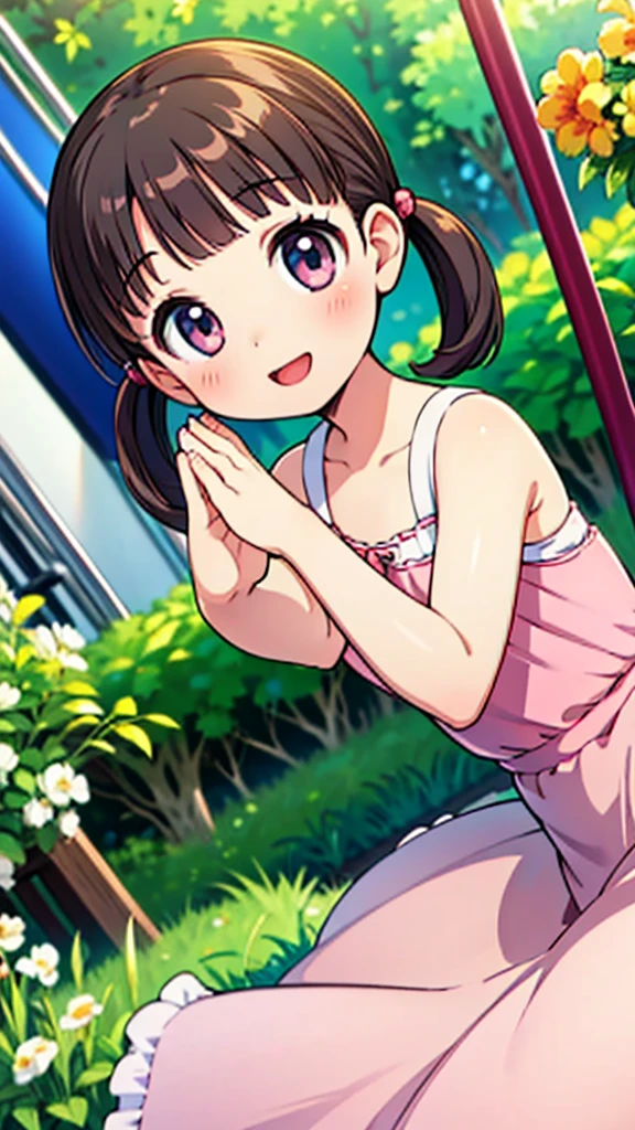 Very young、nanako doujima,Short Twin Tails,One Girl, Dynamic Angle, cute,smile,,Pink Dress,masterpiece,Noise Reduction,Perfect Anatomy,High resolution, Super detailed,Game CG,Dutch Angle ,Beautiful detailed eyes,Visual Arts,Five fingers, Perfect hands, Perfect lighting,garden、Park、Playground equipment、Open your mouth