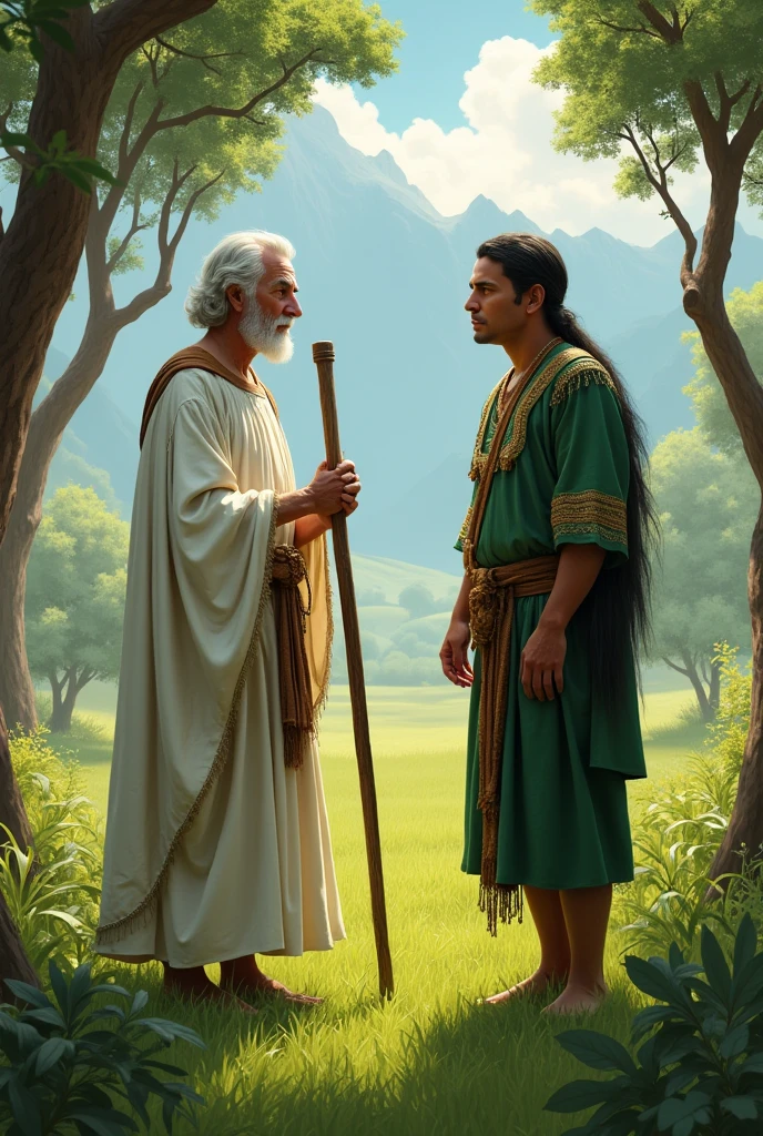 A realistic picture of an older white man wearing white robe, holding a staff in his right hand talking to an inca  Indian adult male in a green meadow dotted by beautiful trees. 