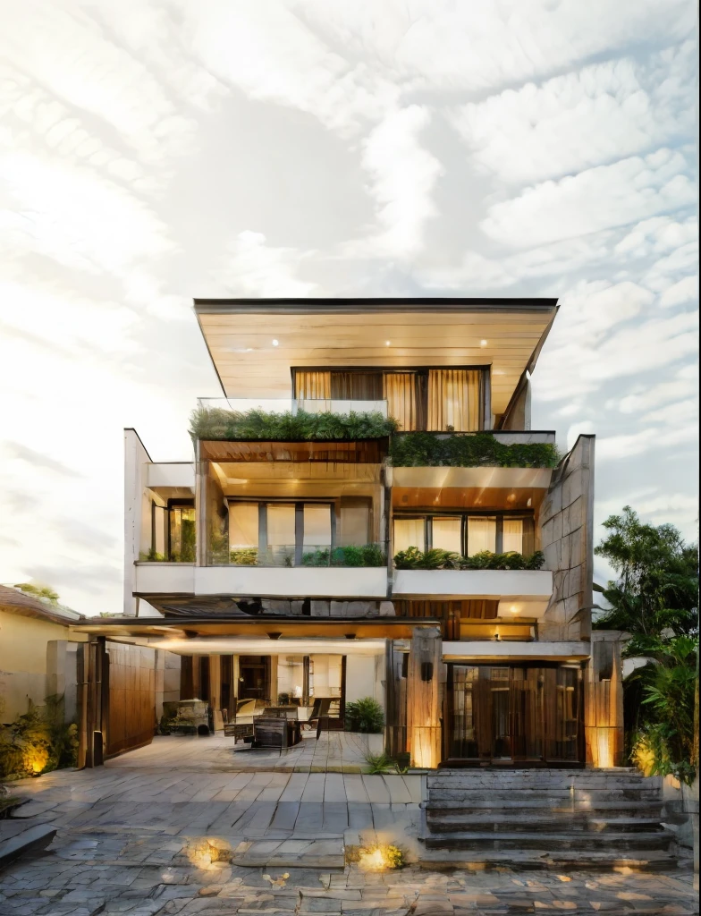 RAW photo, outdoor, (residential architecture exterior:1.3), 1 house architecture, (elegant), Singapore tropical modern house style, white wall and glass and rock and black steel and wood, (Luxury home with exquisite finishing:1.3), (wood),Beautiful tropical garden, warm yellow light in the interior, dark night sky, (high detailed:1.2), (Evening environment with warm dominant interior lighting), 8k uhd, ds, soft lighting, high quality, film grain, Fujifilm XT3