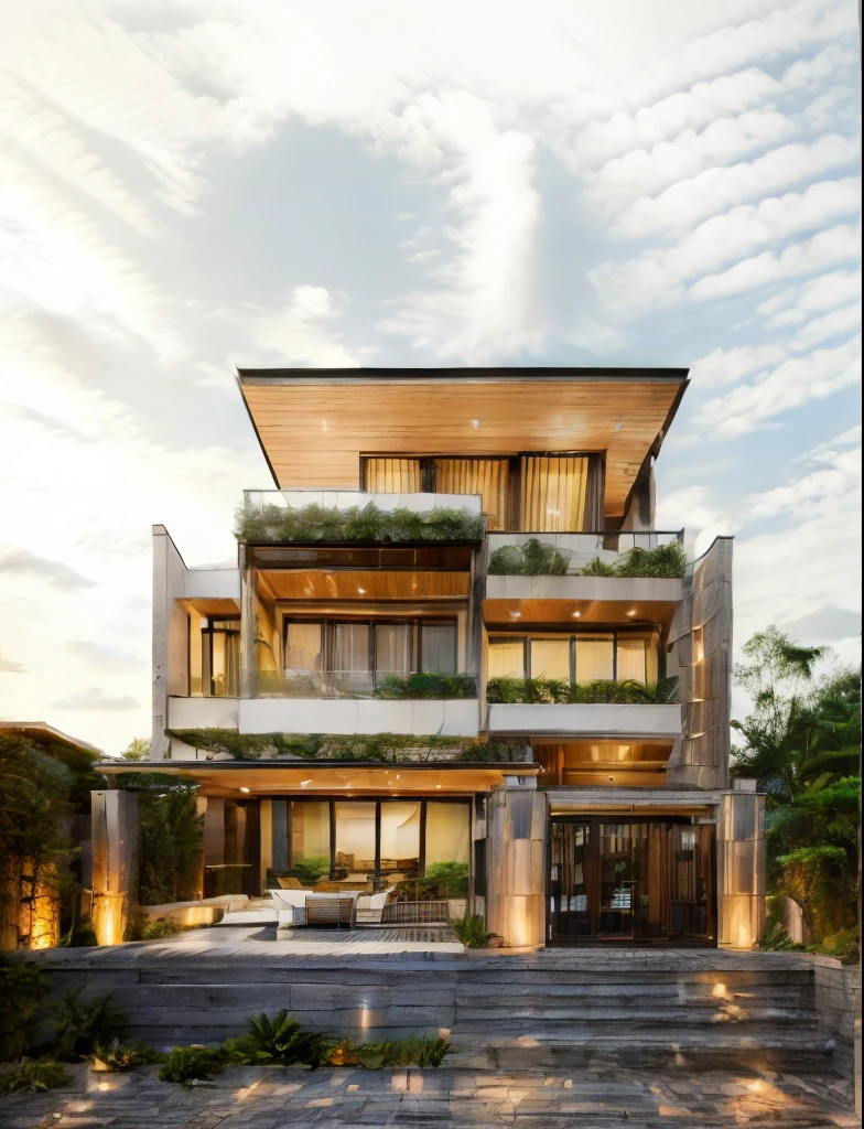 RAW photo, outdoor, (residential architecture exterior:1.3), 1 house architecture, (elegant), Singapore tropical modern house style, white wall and glass and rock and black steel and wood, (Luxury home with exquisite finishing:1.3), (wood),Beautiful tropical garden, warm yellow light in the interior, dark night sky, (high detailed:1.2), (Evening environment with warm dominant interior lighting), 8k uhd, ds, soft lighting, high quality, film grain, Fujifilm XT3