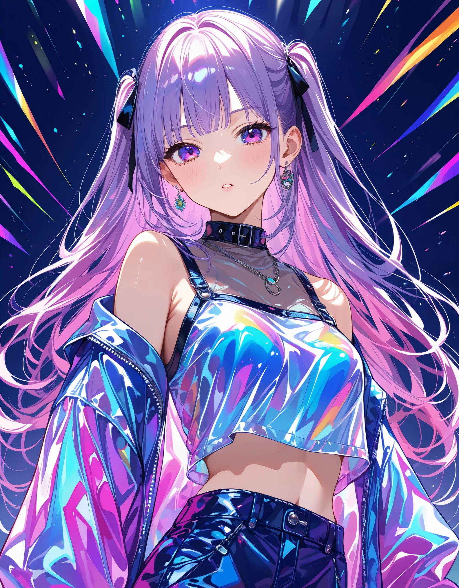 transparent color PVC clothing, transparent color vinyl clothing, prismatic, holographic, chromatic aberration, fashion illustration, masterpiece, girl with harajuku fashion, looking at viewer, 8k, ultra detailed, pixiv