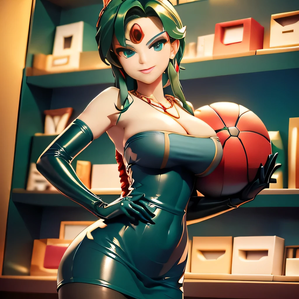 (masterpiece,best quality,ultra-delicate,Perfect Face,16k,high resolution,very beautiful woman), white skin:1.7,deep green hair,the hair in the back is very short:1.5,blue latex bodycon dress, long latex gloves, light green tights:1.3, large breasts, large red ball and tall cylinder shape gold headpiece connected by a rope:1.3, , red gem on forehead, ((cosmetics counter)), gold necklace, smile,very sexy posing