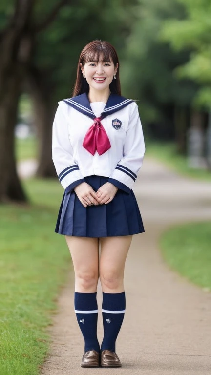 Japanese Mature,(5:1.2),White skin,(chubby body,Large Breasts,Emphasizes plump thighs:1.1),(Japanese high school uniform,Sailor suit,neckerchief,Ultra short micro mini skirt,Short socks,Wearing loafers:1.2),Wearing earrings,(Standing in the park,Full body shot from head to toe:1.2),Mature woman wearing high school uniform,full body,looking at viewer,smile,surrealism, depth of field, from below, Sony FE, 8k