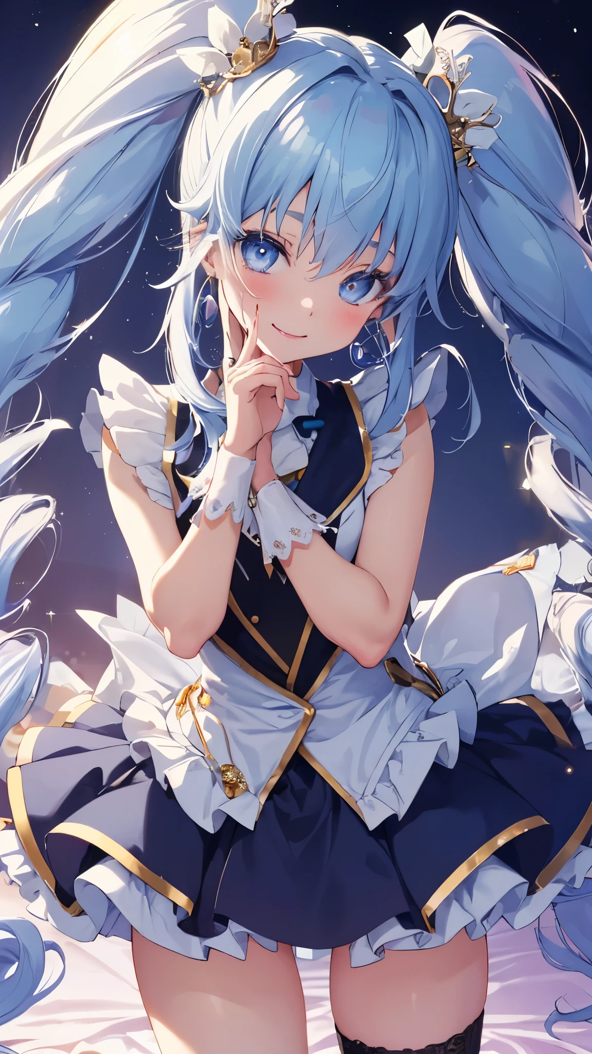 1girl,CurePrincess, crown,(twintails:1.3), blue skirt, heart brooch, wrist cuffs, thighhighs, earrings, black vest,light blue hair,smile,(spread legs:1.3),legs up,white panty,masterpiece,Noise Reduction,perfect anatomy,high resolution, ultra-detailed, ultra-detailed face,game cg,dutch angle ,beautiful detailed eyes,visualart,five fingers, perfect hands, perfect lighting, sparkling pupils,