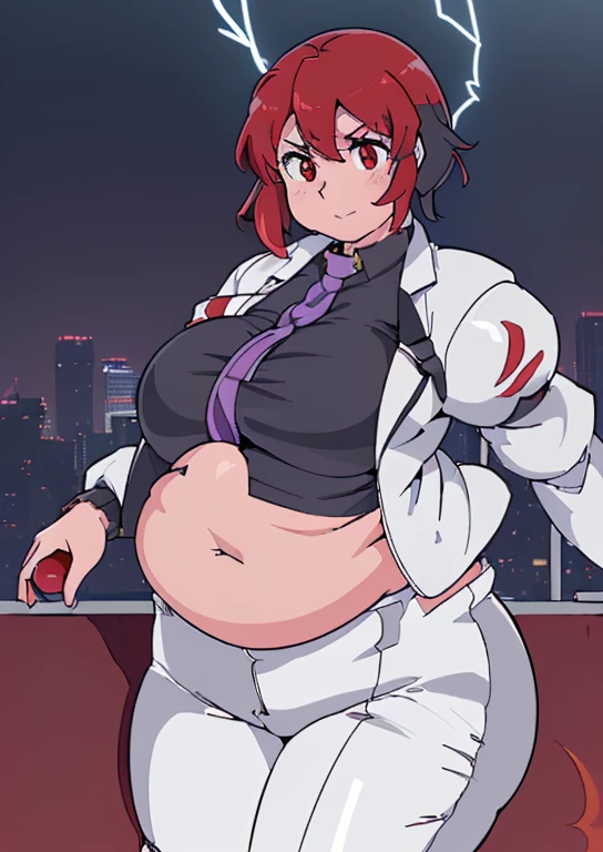 ((best quality, 4k, 8k, anime girl, masterpiece)), ((((beautiful extremely detailed face)))), (((beautiful eyes, red eyes))), cinematic lighting, ((perfect anatomy, detailed hands)), (((chubby, SSBBW, huge breasts, tall, thick legs, ultra thick, (round belly, bulging belly, very thick belly, hard belly, smooth belly, apple shaped body), wide breasts, very huge breasts))), (full body view), ((thick outlines, anime style, neon colours)), (((raiko horikawa))), (((white jacket, long pants, dark gray shirt, necktie))), (((vibrant red hair, short hait, bangs))), sharp smile, (city lights, bridge, fence, lightning),