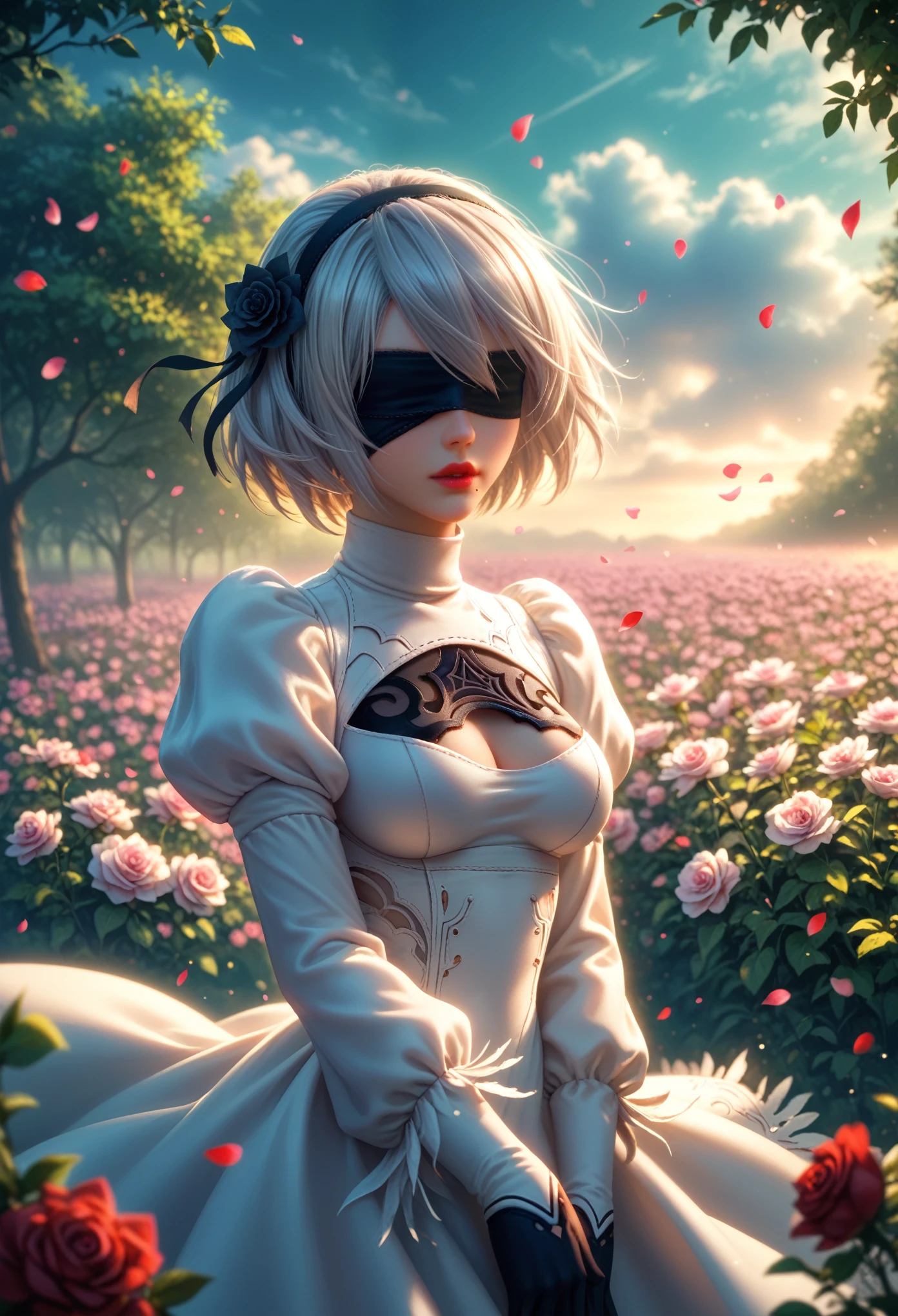 2 type b, 1Girl, clap, (blindfold), breast, SPLIT, SPLIT cutout, neckline of clothing, green background, hair between the eyes, hair band, High resolution, Juliet sleeves,Flower in the Hair of the Black Rose, long sleeves, nier (series), nier automata,  puffy sleeves, red lips, shadowed face, short hair, One, turtleneck, gray hair, sky, full height, Game of Shadows, Shine, bright colors, Maximum Details, masterpiece, Clear Detailing,  Beautiful Trees Background, flowers, Flower Petals Fly, sunny day, clouds, wind, Flower in the Hair of the Black Rose,