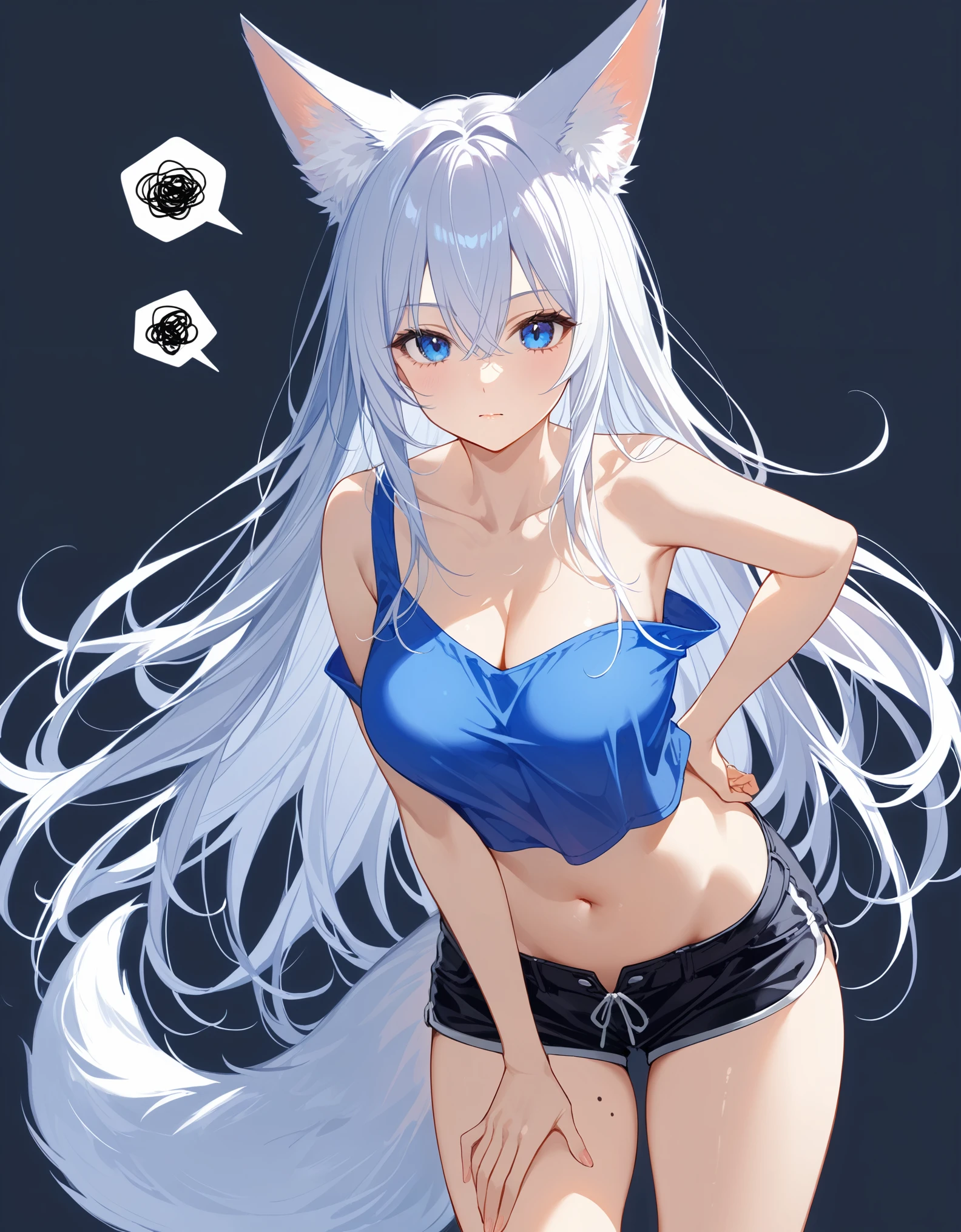 1girl, solo, long hair, breasts, looking at viewer, blue eyes, large breasts, simple background, shirt, white background, navel, animal ears, hair between eyes, bare shoulders, very long hair, standing, collarbone, tail, white hair, short sleeves, thighs, cowboy shot, shorts, sleeveless, midriff, off shoulder, stomach, mole, crop top, animal ear fluff, hand on hip, bare arms, fox ears, short shorts, sleeveless shirt, leaning forward, fox tail, black shorts, blue shirt, fox girl, strap slip, crop top overhang, squiggle, hand on own thigh, micro shorts, spoken squiggle, mole on thigh