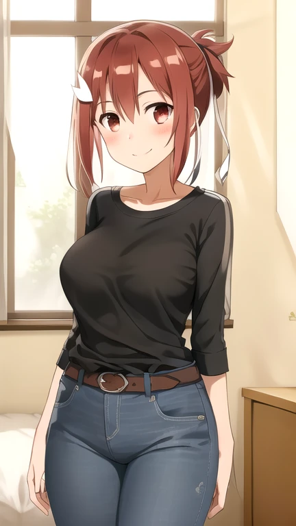 1girl, solo, yuuki yuuna, (30years old, high school student:1.2), red hair, short ponytail, hair ornament, (large breasts:1.2), (black long-sleeved t-shirt, jeans:1.2),
BREAK embarrassed, blush, smile,
BREAK standing, arms behind back,
BREAK  living room,
BREAK cowboy shot, from front,
BREAK looking at viewer,
BREAK (illustration:1.2),
BREAK (masterpiece, best quality, ultra detailed, professional quality), HD, rich contrast